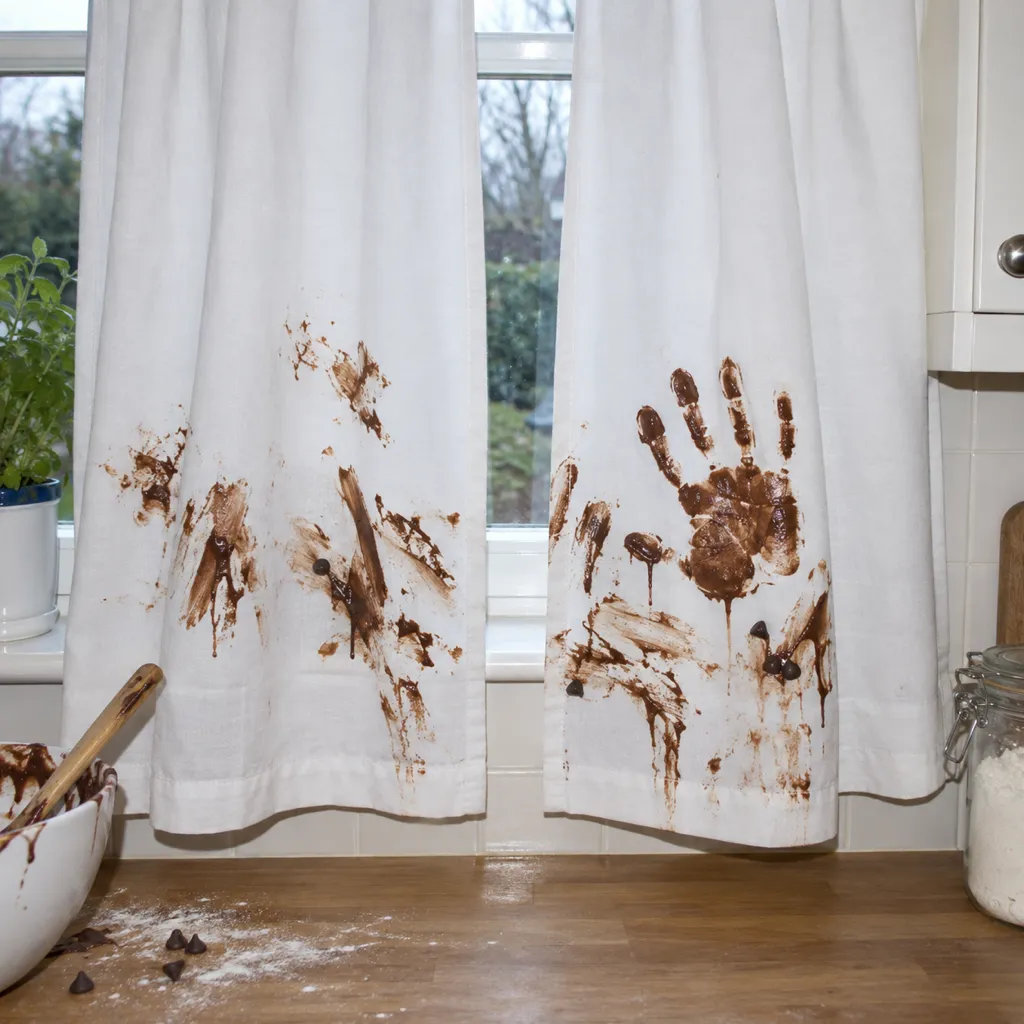 White kitchen curtains covered in chocolate smears and one small chocolate handprint.
